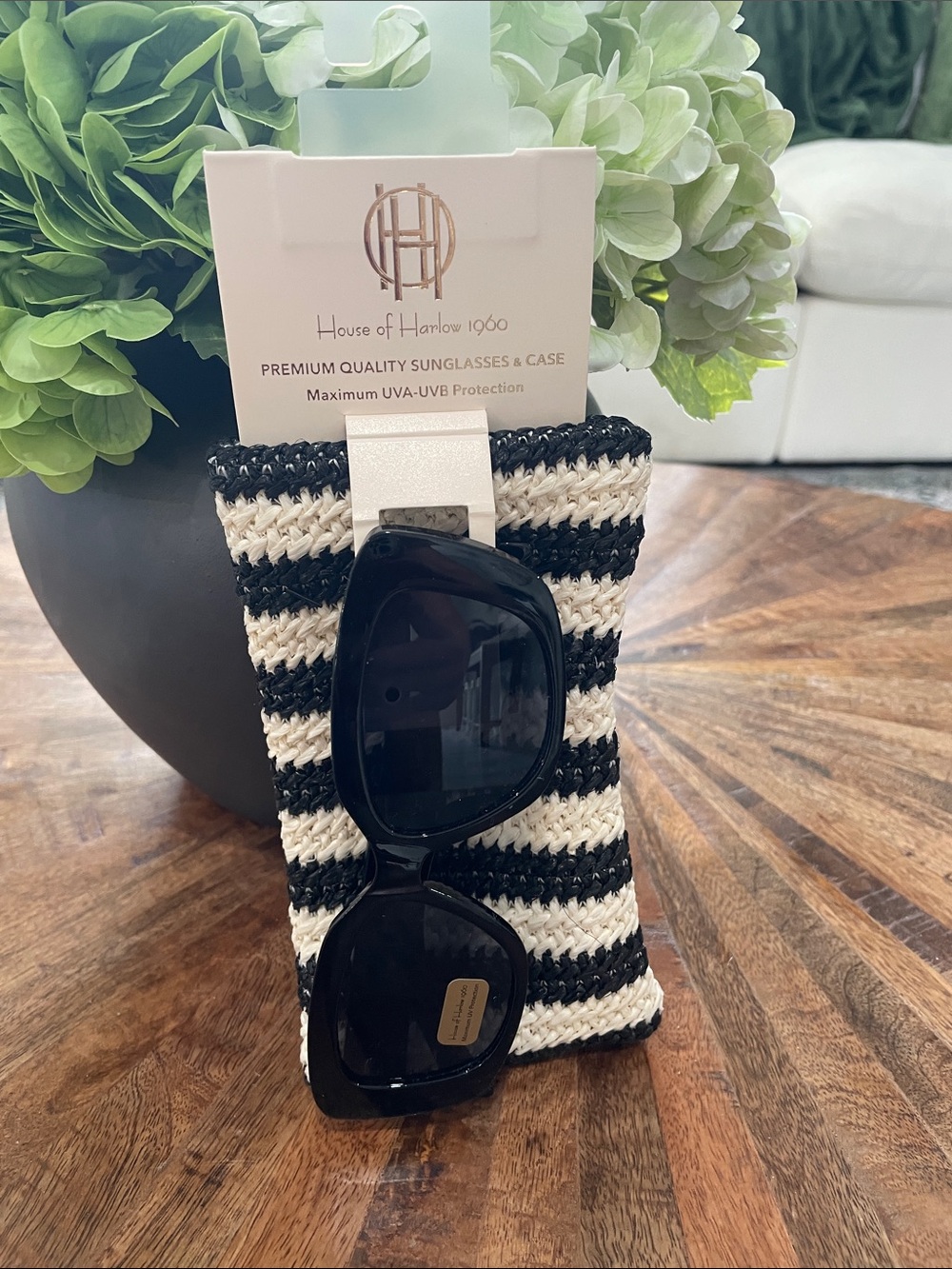 House of Harlow Black Sunglasses with Striped Crochet Case
